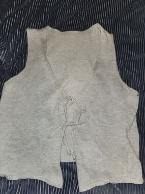 Gray Knit Lace-Up V-Neck Tank